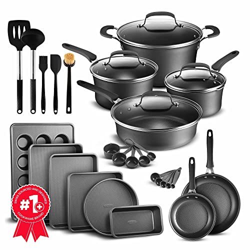 BAKKEN Swiss - Juego de 23 piezas, color negro con tapas, sartenes y utensilios de cocina, aluminio prensado reforzado, apto para gas, electricidad, cerámica e inducción