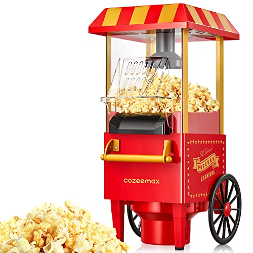 Cozeemax Palomitero, 1200W Vintage Máquina de Palomitas con Gran Capacidad, máquina de hacer palomitas dulces Aire Caliente Sin Grasa AceitaLibre de BPA, Rojo