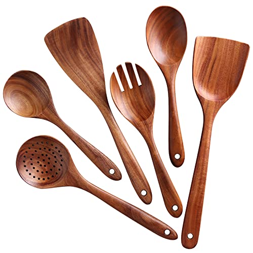 NAYAHOSE Cucharas de madera para cocinar, 6 utensilios de madera para cocinar, cucharas de cocina antiadherentes de madera de teca natural, juego de utensilios de madera de agarre cómodo para cocina