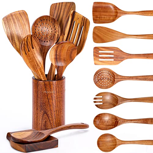 Mooues 9 cucharas de madera para cocinar, utensilios de madera para cocinar con soporte para utensilios, juego de utensilios de cocina de madera de teca natural con soporte para cucharas, juego de