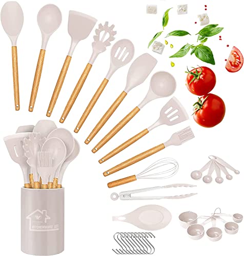 33 Piezas de Utensilios de Cocina de Silicona,juego de Utensilios de Cocina de Silicona Resistente al Calor,Antiadherente y Resistente a los Arañazos,Con Mango de Silicona Para Alimentos,sin BPA-Caqui