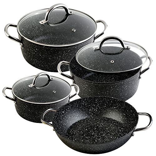 WECOOK Granite Batería Cocina Inducción 7 Piezas Aluminio Forjado, 4 Ollas, 3 Tapas Vidrio, Antiadherente Ecológico Piedra sin PFOA, Asas Acero, Vitrocerámica, Gas, Horno, Negro Moteado