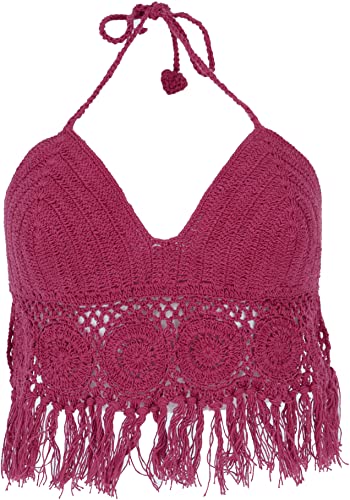 GURU SHOP Camiseta de crochet, bikinitop, playera, hippie Bra Flower Power, mujer, negro, algodón, talla: 36, tops y camisetas Ropa alternativa, rojo frambuesa, 36