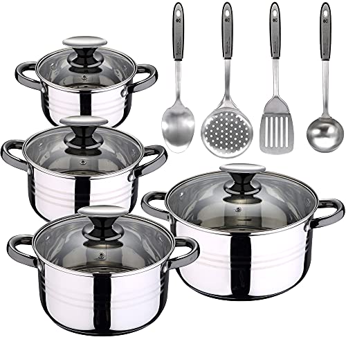 Bateria de cocina 8 piezas apta para induccion SAN IGNACIO Hita en acero inoxidable con set de 4 utensilios de cocina en acero inoxidable