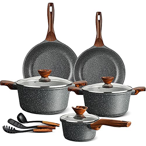 ilimiti cacerolas para induccion - sarten antiadherente de gran capacidad de 11 piezas, fondo grueso, bateria de cocina con tapa de vidrio templado, beige (G7-gray)