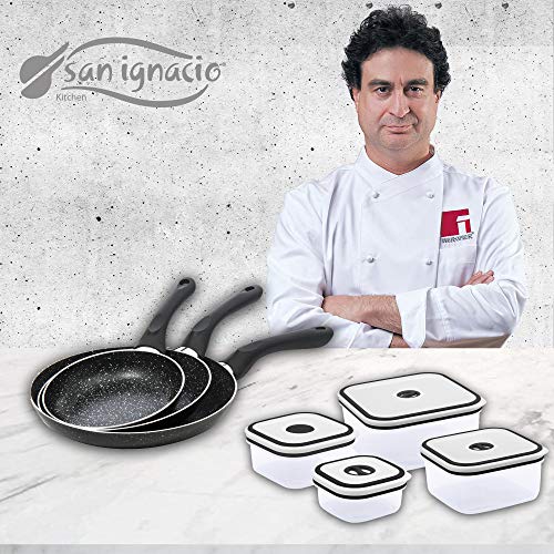 San Ignacio Black&Marble - Set 3 sartenes (16-20-24 cm) y 4 fiambreras aluminio prensado con revestimiento de mármol, apto para todo tipo de cocinas incluido inducción