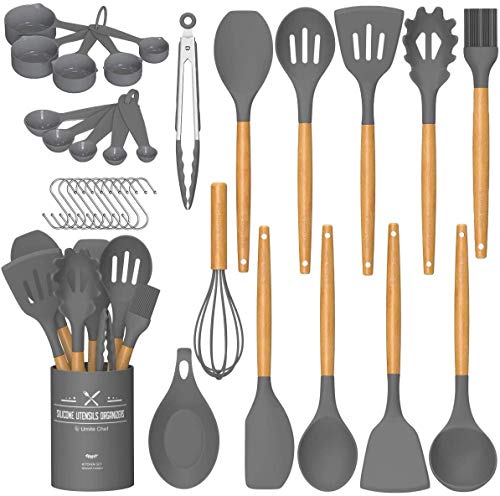 Umite Chef Juego de utensilios de cocina de cocina, 33 piezas antiadherente de silicona utensilios de cocina con soporte, mango de madera resistente al calor utensilios de cocina Set (gris)