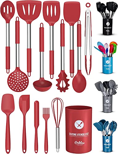 ORBLUE Juego de utensilios de cocina de silicona, 14 piezas, cabezales de silicona de grado alimenticio seguros y asas de acero inoxidable con mango de silicona resistente al calor, color rojo