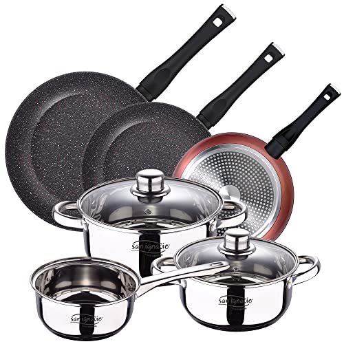 PACK DE 3 SARTENES Ø20/24 y 28 cms + BATERÍA DE COCINA DE 5PC EN ACERO INOXIDABLE