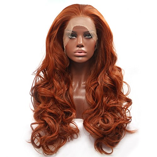 BESTUNG Fashion Glueless Copper Red Long Natural Ondulado Parte libre Pelucas delanteras del cordón Peluca sintética a prueba de calor del pelo para las mujeres 24 