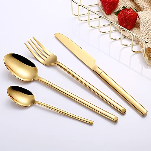 Gold Silverware Set for 12, Modern Unique Stainless Steel Flatware Set 48 Pieces，Kitchen Utensil Set Tableware Cutlery Set for Home Kitchen Restaurant Hotel & Dishwasher Safe (Color : Motor With Bra