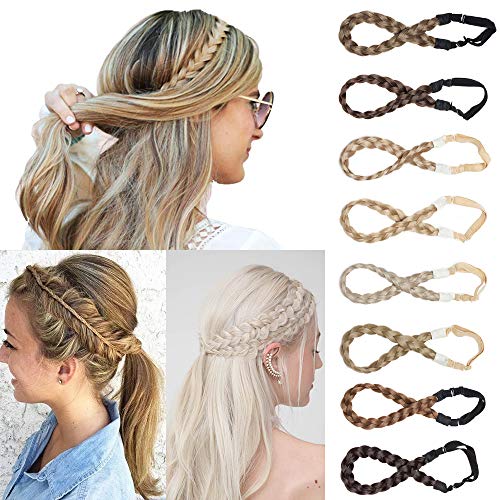 Silk-co Diadema Trenza Elástica Mujer Pelo Sintético Se Ve Natural Extensiones de Cabello Accesorios Braid Hair Headband 1.5cm（S）