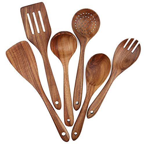 Juego de utensilios de cocina de madera, 6 piezas, utensilios de cocina antiadherentes, espátula, tenedor, espátula ranurada, cuchara de sopa, cucharón