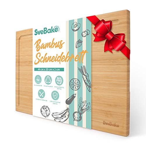 SveBake Tabla de cortar de 100 % bambú – Tabla de madera con forma de L para zumo, para carne, queso, verduras, 44 x 30 x 2 cm