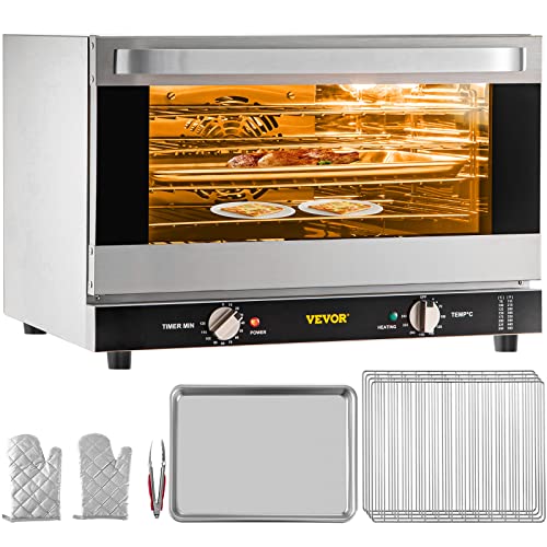 VEVOR Horno de Convección Eléctrico 47 L 1600 W Horno Sobremesa 58 x 55 x 40 cm, Acero Inoxidable y Vidrio Templado, Horno Eléctrico Multifunción de Sobremesa 65-250 ℃ con 4 Estantes para Cafeterías