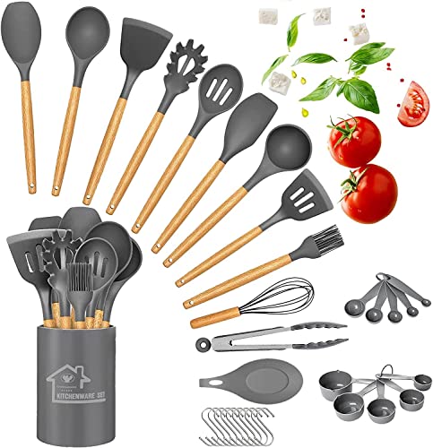 Juego de 33 utensilios de cocina de silicona, juego de espátulas para utensilios de cocina con soporte, asas de madera, resistentes al calor, sin BPA y, de cocina para utensilios de cocina (gris)