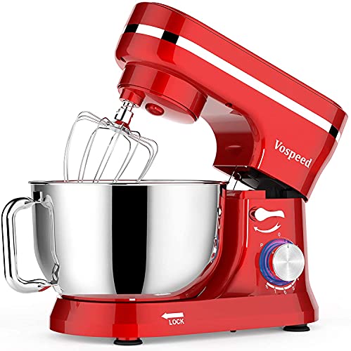 Batidora Amasadora, Vospeed Amasadora de Pan Repostería, 1000W Robot de Cocina, 5QT capacidad Amasadora, 8 Velocidades, Bol de Acero Inoxidabl, Amasador, Batidor y Varillas (Rojo)