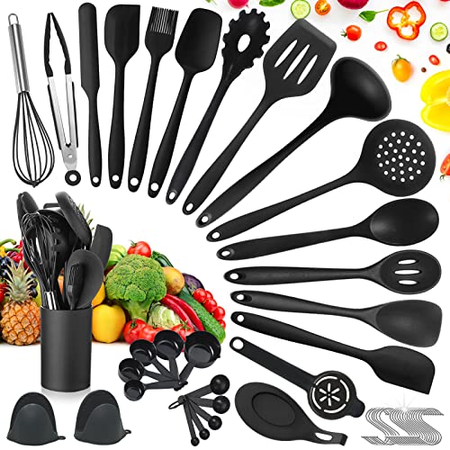 TAVADA Utensilios Cocina de Silicona,49 Piezas Utensilios de Cocina de Silicona,Resistente al Calor,sin BPA,5 Cucharas Medidoras y 20 Ganchos,Utensilios Cocina de Silicona Antiadherente(Negro)