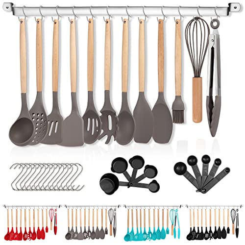 Berglander Juego de utensilios de cocina de silicona 38 piezas antiadherentes de madera con ganchos multiusos y estantes para utensilios (gris)