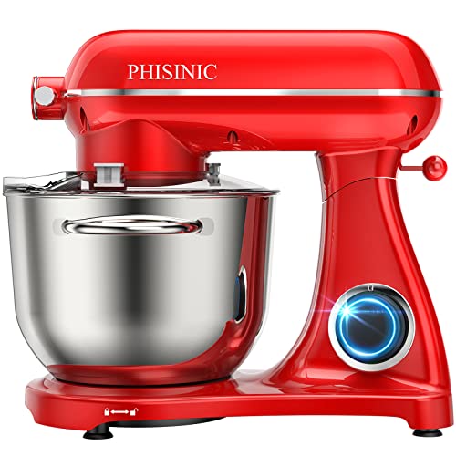 Batidora Amasadora, PHISINIC Amasadora de Pan Repostería, 1800 W 6.5 L Robot de Cocina Multifunción, Potente y Silencioso, Cuerpo Metálico, 6 Velocidades, Amasador, Batidor y Varillas, color Rojo