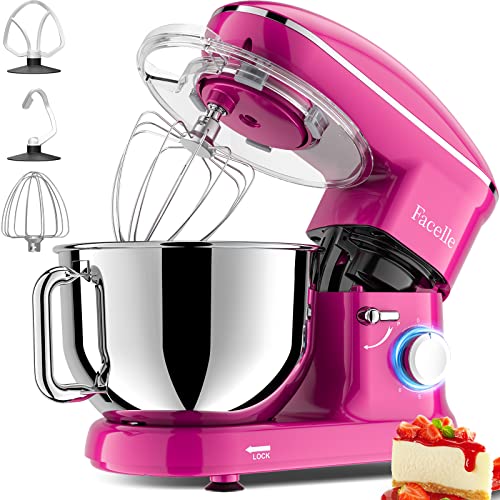 Batidora Amasadora 1500W, Facelle Amasadora de Pan Repostería Multifunción Tazón de Acero Inoxidable de 6,2LGancho para Masa,Batidor Plano, Batidor,Protector de Salpicaduras(rosa)