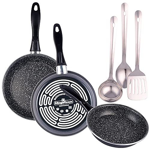 Magefesa K2 GRANSASSO set de 3 sartenes redondas de Ø18/20 y 24, en acero esmaltado vitrificado, en gris, inducción y lavavajillas, y Juego de 3 Utensilios de cocina en nylon