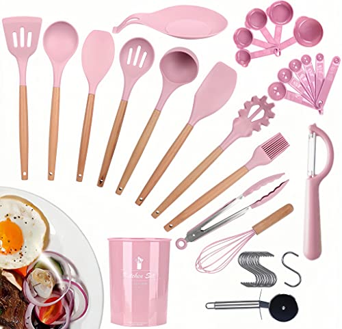 Utensilios Cocina de Silicona,35 Piezas Juego de Utensilios de Cocina Resistentes al Calor y Antiadherentes con Incluye pala, cuchara, tenedor de vajilla, rueda de pizza, ganchos, etc. (El rosa)