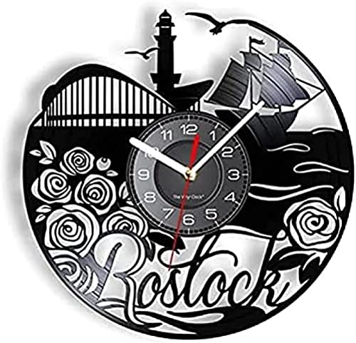 Reloj de pared que funciona con pilas, silencioso, sin tictac, Rostock, ciudad alemana, paisaje, disco de vinilo, reloj de pared, puerto industrial de Mecklenburg, decoración del hogar, reloj de álbum