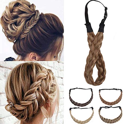 Diadema Trenzada Pelo Sintético Trenzas Gruesas Braid Hair Headband Se Ve Natural Elástica para Mujer Pequeño Medio Mezcla de castaño claro Rubio ceniza