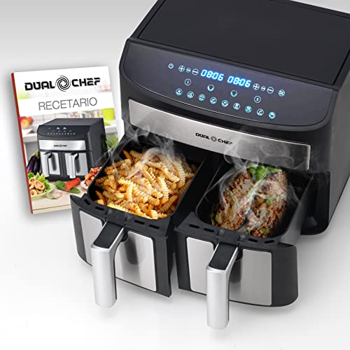 Freidora de aire saludable DUAL CHEF Sin aceite 2 recipientes independientes XXL 2 recetas listas a la vez 10 menús Función horno Ahorra energía Recetario 280€ 014000195