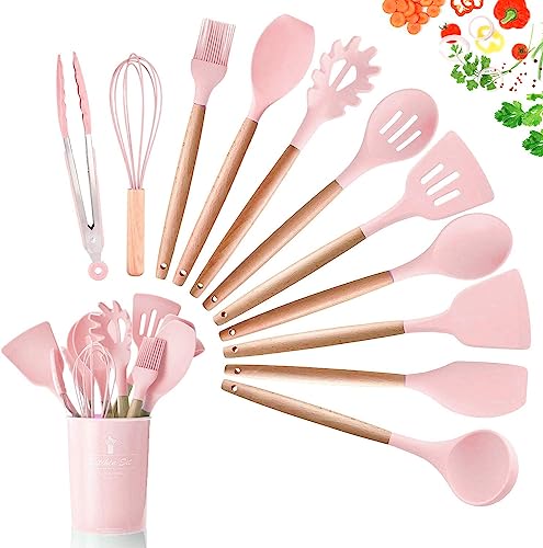 DOPGL Juego de 11 Utensilios de Cocina de Silicona, Resistentes al Calor, Mango de Madera, sin BPA, no tóxico, espátula, espátula, Cuchara, Utensilios de Cocina antiadherentes Rosa