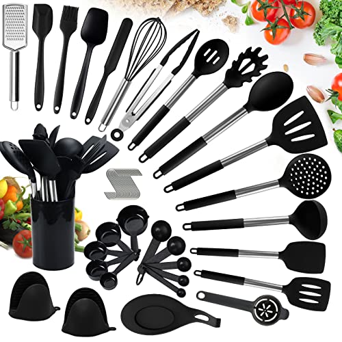 TAVADA 49 Piezas Utensilios de Cocina de Silicona,Utensilios Cocina de Silicona,juego de Utensilios de Cocina de Silicona Resistente al Calor,Resistentes Al Calor Utensilios De Cocina,espátula,Negro