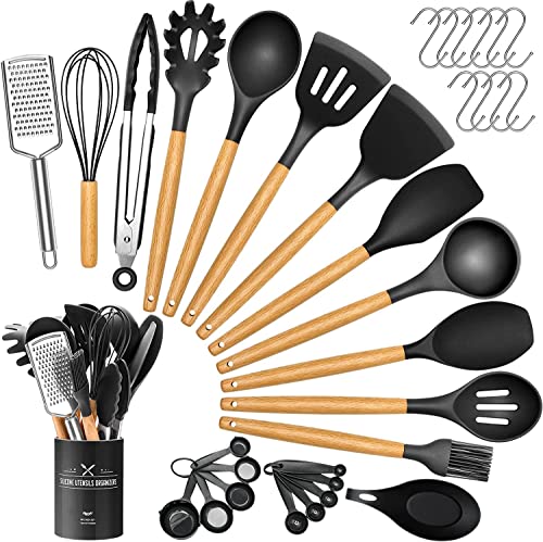 34 Piezas de Utensilios de Cocina de Silicona,juego de Utensilios de Cocina de Silicona Resistente al Calor,Antiadherente y Resistente a los Arañazos,Con Mango de Silicona Para Alimentos,sin BPA-negro