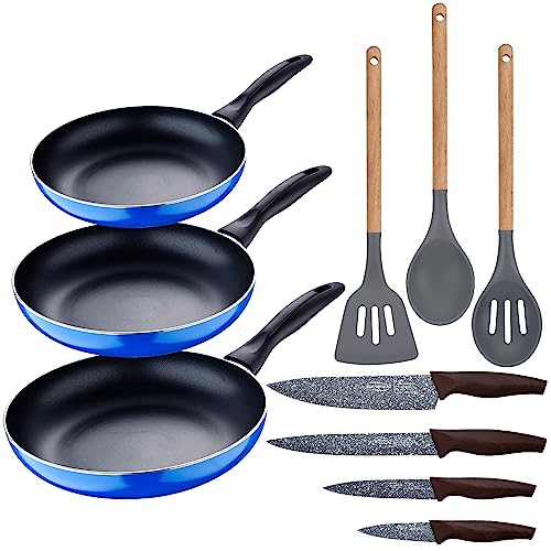 San Ignacio Set 3pc sarten (16+20+24cm) aluminio prensado, inducción, azul Navy Paradise con Set 3pc utensilios de cocina silicona madera con Set 4pc cuchillos a