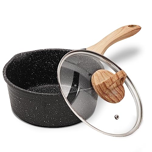 JEETEE Cacerola 20cm 2.4L Con Tapa De Vidrio，Cazuelas De Cocina Antiadherente Multicapa Efecto Piedra, Cazo Induccion Libre De Pfoa Apto Para Todo Tipo De Cocinas