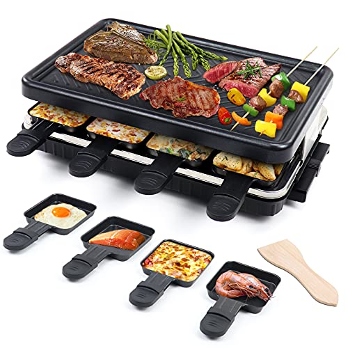 Raclette para 8 Personas Grill Plancha Cocina Portatil Parrilla Barbacoa Electrica Pascua de Mesa Plancha Asar con 8 Mini Sartenes y 4 Espátulas de Madera Parrillas Eléctricas 1300W