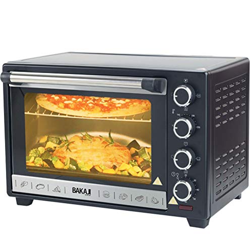 Bakaji - Horno eléctrico ventilado de 45 litros, potencia de 2000 W, con luz interior, 4 selecciones de cocción, temperatura regulable, temporizador de 60 minutos y accesorios