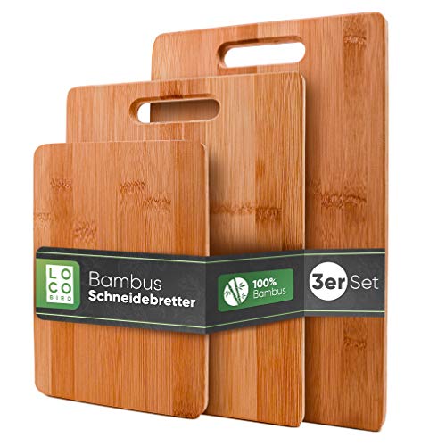 Loco Bird Juego de tablas de cortar de bambú macizo de 3-33x22 / 28x22 / 15x22cm - Tabla de cortar de cocina de madera - Tabla de cortar antibacteriana de madera
