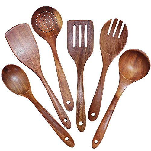 RETYLY Juego de 6 utensilios de cocina de madera, utensilios de cocina grandes antiadherentes, cucharas de madera de teca natural, colador de cucharón, herramientas de cocina duraderas sin costuras