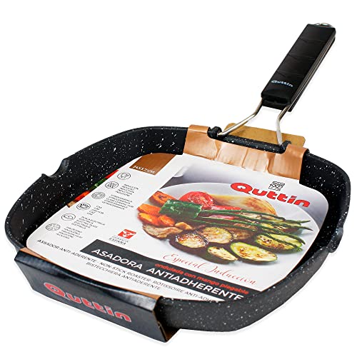 Quttin Sarten Asadora Aluminio Antiadherente, Grill Asador con Rayas Onduladas Para Todo Tipo de Cocina. Mango Plegable. Revestimiento Resistente y Duradero. No Raya. Diametro 24cm. Modelo Bakelit