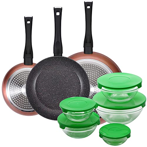 PACK DE 3 SARTENES Ø20/24 y 28 cms + SET DE 5PC DE BOLES CON TAPA VERDE