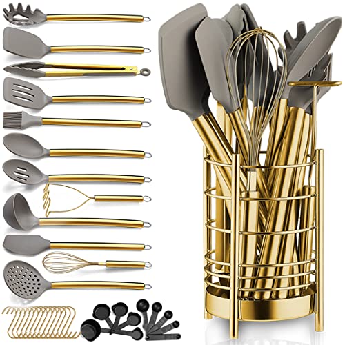 Berglander Juego de Utensilios de Cocina Dorados de Silicona Antiadherente de 38 Piezas, Juego de cucharas y espátulas con Resistente Soporte para Utensilios de Acero Inoxidable