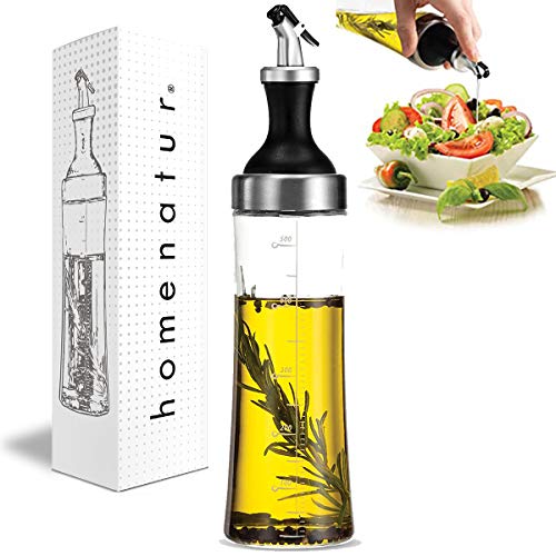 HOMENATUR Aceitera Antigoteo de Cristal - Botella 570ml para Aceite de Oliva y Vinagrera Cocina - Recipiente con Tapón Dispensador - Vidrio con Escala de Medidas - Diseño Sistema Sin Goteo