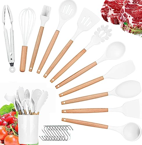 Juego de utensilios de cocina, 22 piezas de silicona antiadherente, juego de espátulas con soporte, mango de madera, utensilios de cocina de silicona resistente al calor