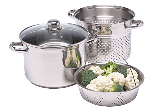 KitchenCraft World of Flavors Olla para Pasta con Colador y Cesta para Verduras al Vapor en Caja de Regalo, Apta para Inducción, Acero Inoxidable, 4 Litros