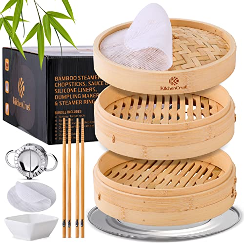 KITCHENCRUST Cesta de vapor de bambú para cocina china asiática – 2 niveles de 10 pulgadas – Canasta de vapor de bollo de vapor de verduras, canasta de vapor de bambú, plato de salsa, palillos,