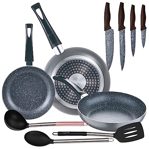 Set 3pc sarten (16+20+24cm) aluminio prensado, inducción, negra Soul Marble con Set 3pc utensilios de cocina nylon con Set 4pc cuchillos acero inoxid