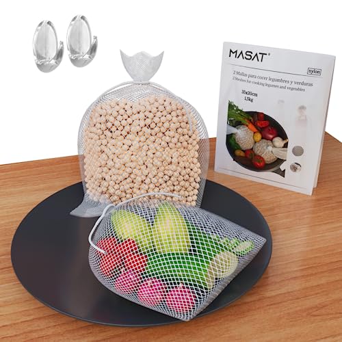 MASAT® | 2 Mallas de Cocción + 2 Colgadores de Regalo - Bolsa de Cocina 35x20cm Nylon - Lavables y Reutilizables - Bolsa de Cocina para Olla a Presión, Horno etc - Cocinar Legumbres, Verduras, Cocido