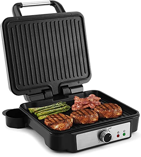 Parrilla Eléctrica, plancha sandwichera, Panini, Tiastar Plancha Grill Doble 1800W con Bandeja de Goteo Extraíble, Apertura 180º, Antiadherente,Temperatura Ajustable, Acero Inoxidable