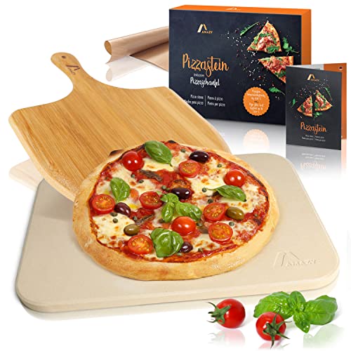 Amazy Piedra para Pizza (38 x 30 x 1,5 cm) + Pala de Bambú + Papel Horno Reutilizable + Instrucciones - DELE a su Pizza el Original Sabor Italiano al Horno de leña.